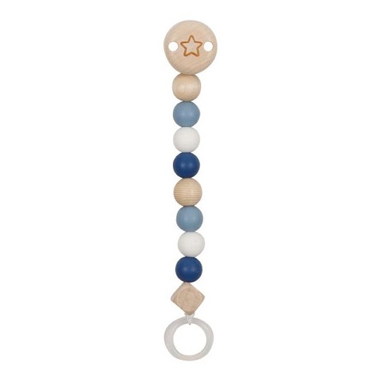 Accroche tétine avec perles en bois naturel et silicone bleu