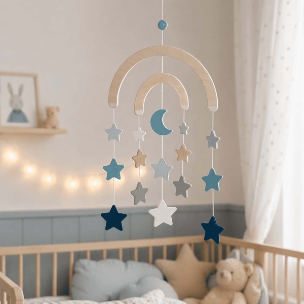 Mobile en bois Montessori - Arc en ciel bleu