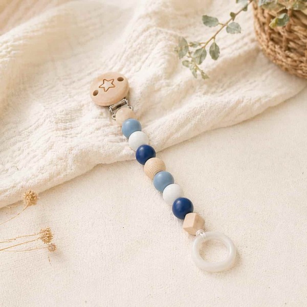 Accroche tétine avec perles en bois naturel et silicone bleu