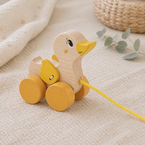 Animaux à tirer en bois  - Canard Jaune